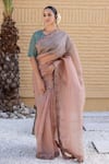 Buy_Janki India_Rose Gold Organza, Chanderi Embroidery Round Neck Saree With Blouse _at_Aza_Fashions