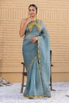 Janki India_Teal Organza, Chanderi Embroidery Collared Saree With Blouse _Online_at_Aza_Fashions