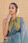 Buy_Janki India_Teal Organza, Chanderi Embroidery Collared Saree With Blouse _Online_at_Aza_Fashions