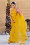 Buy_Janki India_Yellow Organza, Chanderi Embroidery Round Neck Silk Saree With Blouse _Online_at_Aza_Fashions
