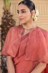 Buy_Janki India_Rust Organza, Chanderi Embroidery Round Neck Saree With Blouse _Online_at_Aza_Fashions
