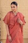 Janki India_Rust Organza, Chanderi Embroidery Round Neck Saree With Blouse _at_Aza_Fashions