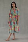 Buy_Roza_Pink Chanderi, Muslin Split V-neck Sienna Floral Print Dress _Online_at_Aza_Fashions