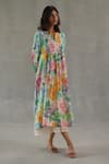 Roza_Pink Chanderi Lace Round Neck Fern Printed Dress _Online_at_Aza_Fashions