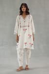 Buy_Roza_Ivory Linen Embroidery Split V-neck Jardin Tunic Pant Set _at_Aza_Fashions