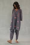 Buy_Roza_Gray Linen Embroidery Split V-neck Jardin Tunic With Pant _at_Aza_Fashions