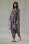 Roza_Gray Linen Embroidery Split V-neck Jardin Tunic With Pant _Online_at_Aza_Fashions