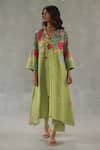 Buy_Roza_Green Linen Embroidery V-neck Lily Dew Kurta Set _at_Aza_Fashions