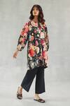 Roza_Black Linen Round Neck Rose Dusk Print Kurta And Pant Set _at_Aza_Fashions