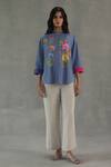 Buy_Roza_Blue Linen Embroidery Collared Secret Garden Top _at_Aza_Fashions