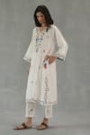 Roza_Ivory Linen Embroidery Split V-neck Meadow Song Phiran Set _at_Aza_Fashions