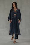 Buy_Roza_Navy Linen Embroidery Round Neck Meadow Song Phiran Set _at_Aza_Fashions