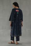 Shop_Roza_Navy Linen Embroidery Round Neck Meadow Song Phiran Set _at_Aza_Fashions