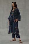 Roza_Navy Linen Embroidery Round Neck Meadow Song Phiran Set _at_Aza_Fashions