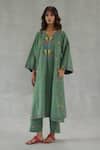 Buy_Roza_Olive Green Linen Embroidery V-neck Meadow Song Phiran Set _at_Aza_Fashions