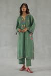 Shop_Roza_Olive Green Linen Embroidery V-neck Meadow Song Phiran Set _Online_at_Aza_Fashions