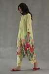Roza_Yellow Linen Embroidery Round Neck Wildflower Printed Kurta And Pant Set _Online_at_Aza_Fashions