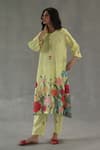 Buy_Roza_Yellow Linen Embroidery Round Neck Wildflower Printed Kurta And Pant Set _at_Aza_Fashions