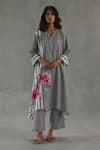 Buy_Roza_Gray Linen Embroidery Split V-neck Mirage Straight Kurta Set _at_Aza_Fashions
