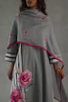 Roza_Gray Linen Embroidery Split V-neck Mirage Straight Kurta Set _at_Aza_Fashions