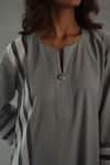 Buy_Roza_Gray Linen Embroidery Split V-neck Mirage Straight Kurta Set 
