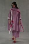 Roza_Pink Linen Embroidery Round Neck Mirage Straight Kurta Set _Online_at_Aza_Fashions