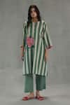 Buy_Roza_Green Linen Embroidery Round Neck Carolina Stripe Print Kurta And Pant Set _at_Aza_Fashions