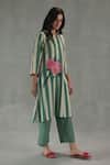 Roza_Green Linen Embroidery Round Neck Carolina Stripe Print Kurta And Pant Set _Online_at_Aza_Fashions