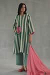 Buy_Roza_Green Linen Embroidery Round Neck Carolina Stripe Print Kurta And Pant Set 