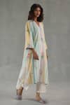 Roza_Ivory Linen Embroidery V-neck Dahlia Floral Print Kurta And Pant Set _Online_at_Aza_Fashions