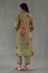 Shop_Roza_Green Linen Embroidery Split V-neck Luna Floral Print Kurta And Pant Set _at_Aza_Fashions