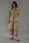 Roza_Green Linen Embroidery Split V-neck Luna Floral Print Kurta And Pant Set _at_Aza_Fashions