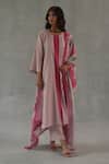 Buy_Roza_Pink Linen, Chanderi Round Neck Tuberose Printed Kurta Set _at_Aza_Fashions