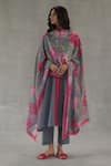 Buy_Roza_Gray Linen, Chanderi Round Neck Tuberose Straight Kurta Set _at_Aza_Fashions