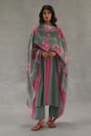 Buy_Roza_Olive Green Linen, Chanderi Round Neck Tuberose Kurta Set _at_Aza_Fashions