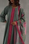Buy_Roza_Olive Green Linen, Chanderi Round Neck Tuberose Kurta Set _Online_at_Aza_Fashions