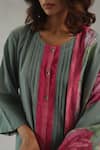 Shop_Roza_Olive Green Linen, Chanderi Round Neck Tuberose Kurta Set _Online_at_Aza_Fashions