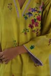 Buy_Roza_Yellow Linen Embroidery V-neck Viola Floral Print Kurta And Pant Set _Online_at_Aza_Fashions
