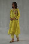 Shop_Roza_Yellow Linen Embroidery V-neck Viola Floral Print Kurta And Pant Set _Online_at_Aza_Fashions