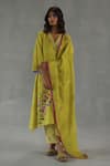 Roza_Yellow Linen Embroidery V-neck Viola Floral Print Kurta And Pant Set _at_Aza_Fashions