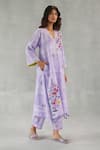 Roza_Purple Linen Embroidery V-neck Viola Printed Kurta And Pant Set _Online_at_Aza_Fashions