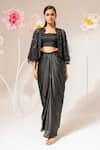 Buy_Akara_Black Satin Beads, Sequins Square Neck, Open Embroidered Cape Draped Skirt Set _at_Aza_Fashions