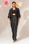 Akara_Black Satin Beads, Sequins Square Neck, Open Embroidered Cape Draped Skirt Set _at_Aza_Fashions