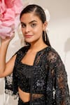 Buy_Akara_Black Satin Beads, Sequins Square Neck, Open Embroidered Cape Draped Skirt Set 