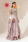 Akara_Silver Organza Beads, Sequins, Embroidery V-neck Waistband Lehenga Set _Online_at_Aza_Fashions