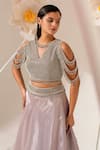 Buy_Akara_Silver Organza Beads, Sequins, Embroidery V-neck Waistband Lehenga Set _Online_at_Aza_Fashions