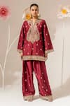 Shop_Akara_Maroon Silk, Organza Embroidery Split V-neck Paisley Kurta Set _Online_at_Aza_Fashions