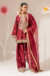 Buy_Akara_Maroon Silk, Organza Embroidery Split V-neck Paisley Kurta Set _at_Aza_Fashions