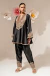 Akara_Black Silk Embroidery Split V-neck Yoke Kalidar Kurta With Salwar _Online_at_Aza_Fashions