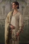 Falsa_Beige Silk Satin Beads, Sequins, Embroidery Hand Painted Kurta And Flared Pant Set _Online_at_Aza_Fashions